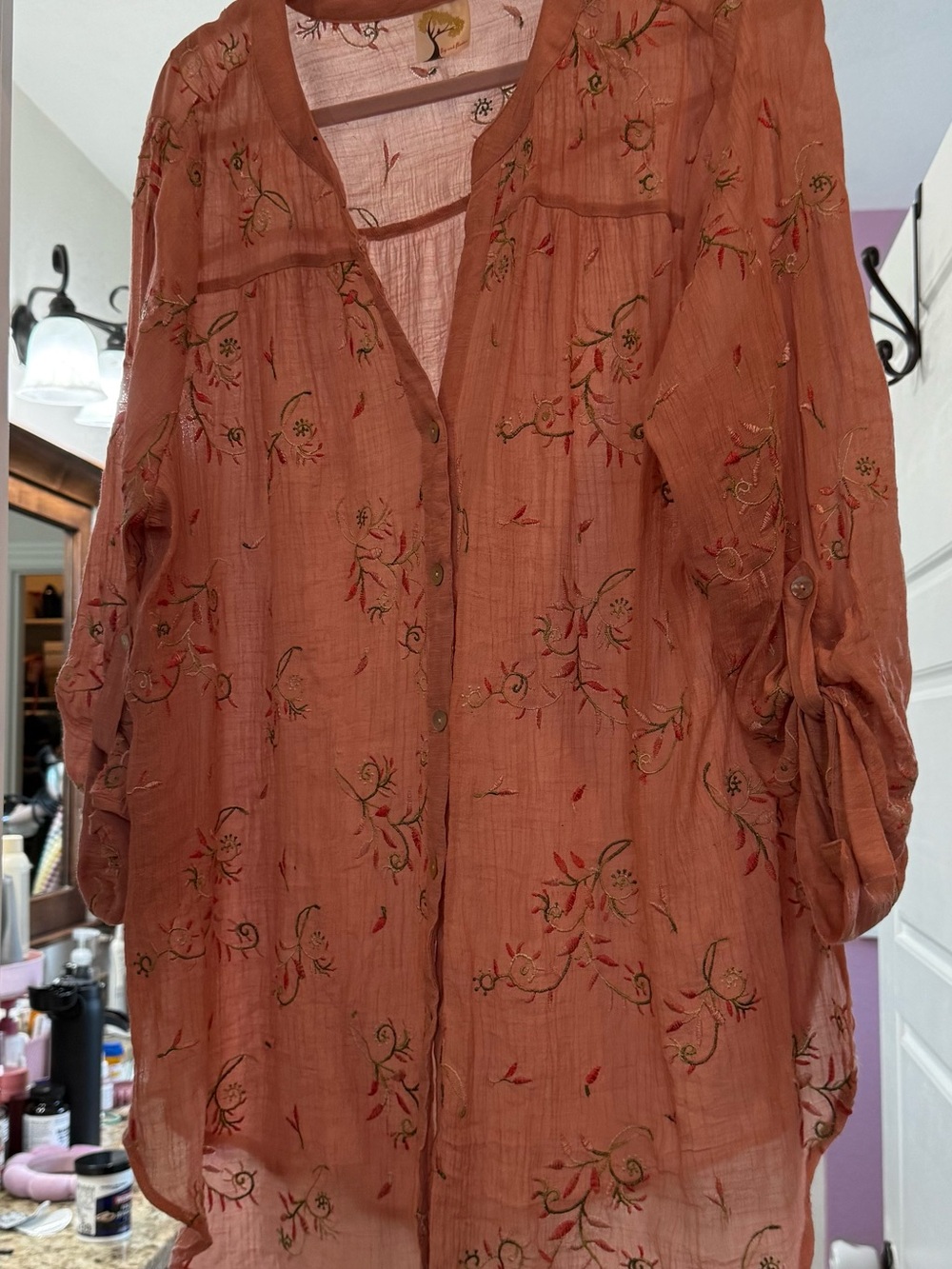 Lightweight Peachy Floral Embroidered Button-Front Top 1X